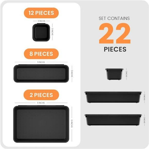 22 Piece Black Plastic Drawer Organizer Set for Makeup Office Bathroom Storage - Picture 7 of 8